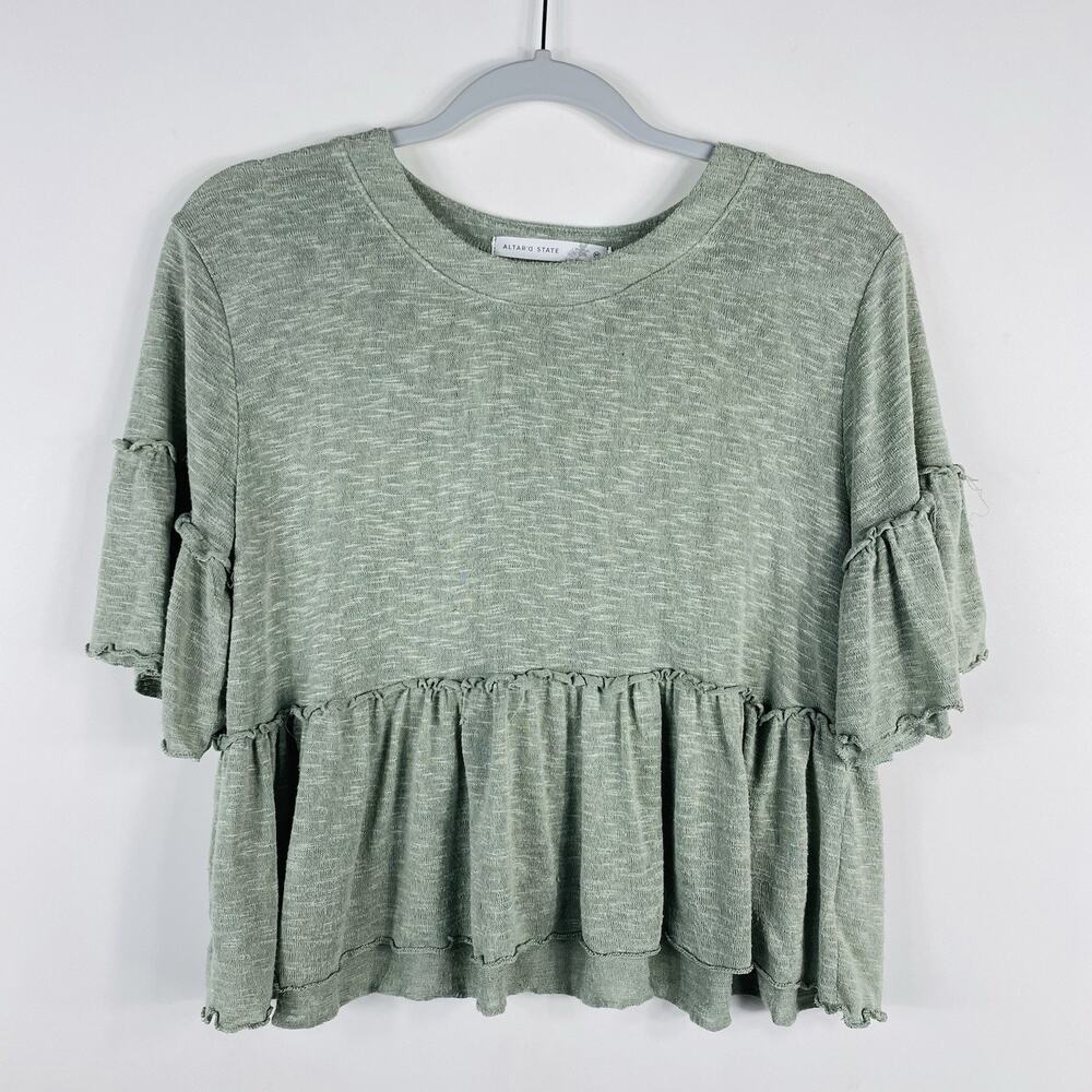Altar'd State Top Medium Green Ashlee Ruffle Sleeve Casual Made In USA